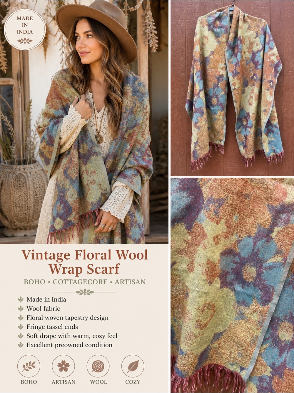 Vintage Floral Wool Wrap Scarf Made in India Fringe Shawl Boho Cottagecore